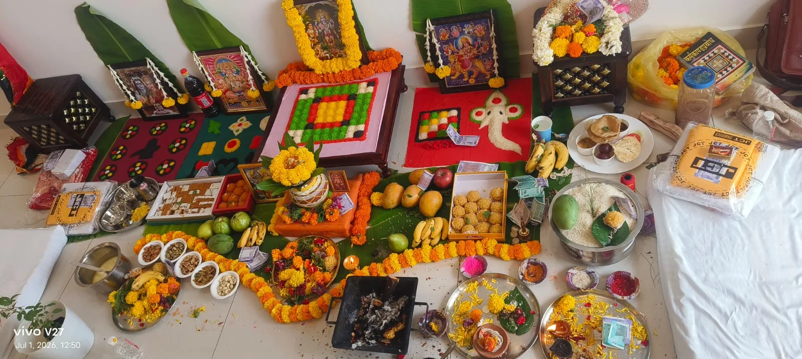 Traditional home havan ceremony setup with fire altar and puja offerings