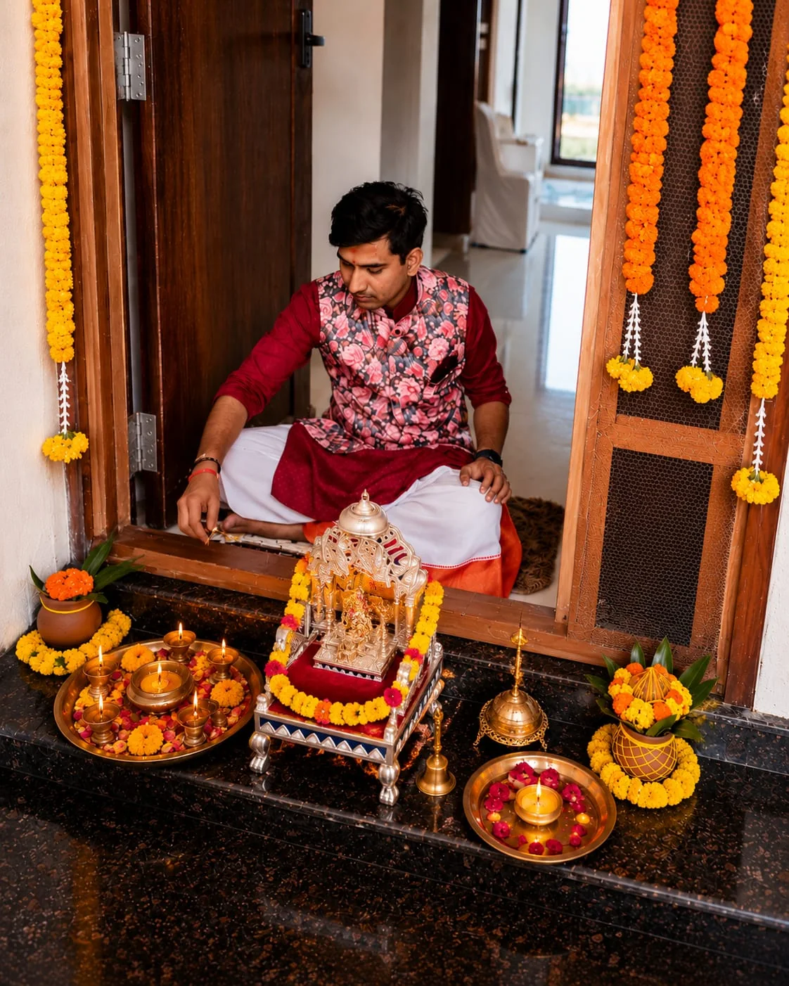 Pandit performing a traditional puja at a decorated home entrance